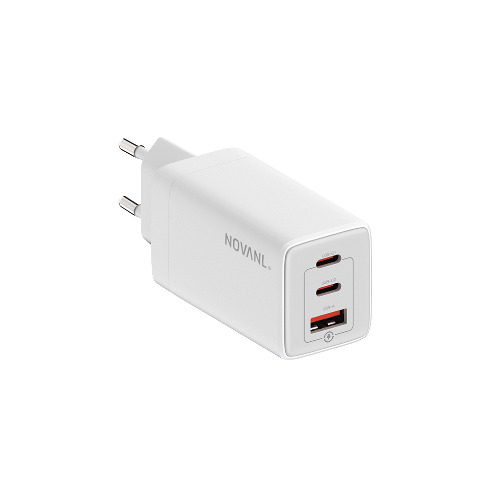 White USB charger with dual ports on a white background - White