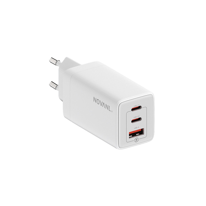 White USB charger with dual ports on a white background - White