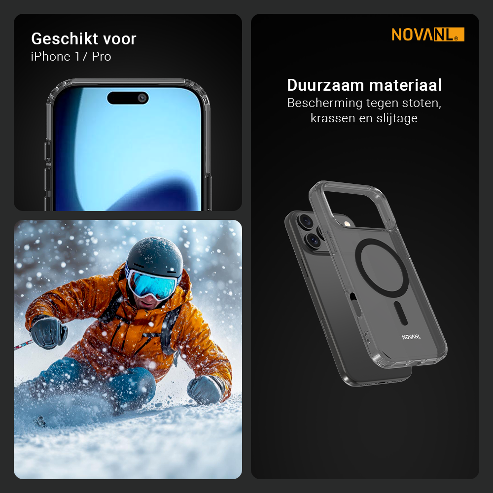 Grey - Phone case for iPhone 17 Pro with a skier in the snow and NOVANL branding.