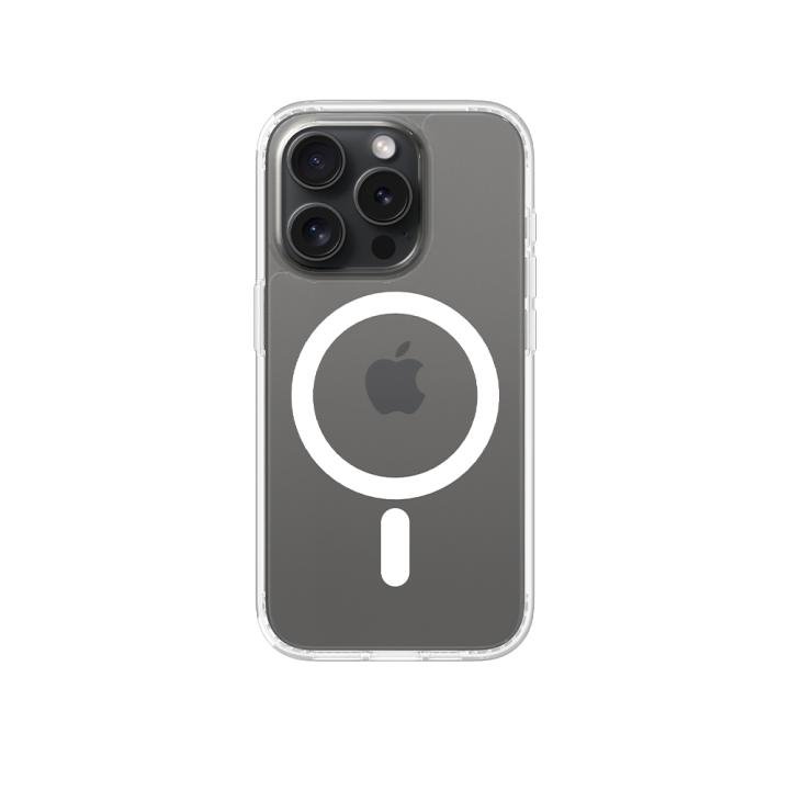 White - A clear plastic ShockShield case for iPhone 15 Pro with a magnetic attachment feature and reinforced edges.